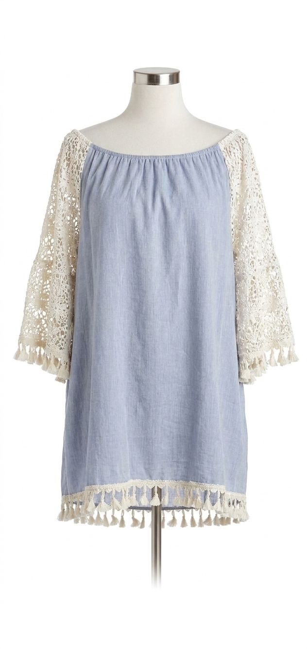 NEW VELZERA crochet sleeve fringe mini dress in sky blue